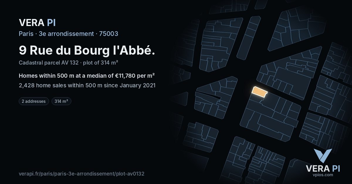 9 Rue du Bourg l'Abbé, 3e arrondissement at night – the plot lit, the parcels around coloured by the prices near them