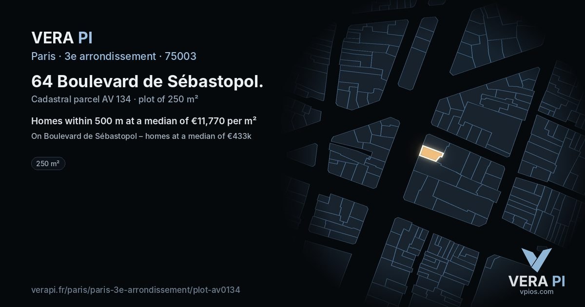 64 Boulevard de Sébastopol, 3e arrondissement at night – the plot lit, the parcels around coloured by the prices near them