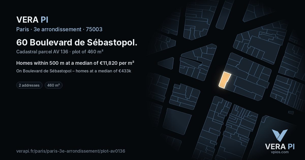 60 Boulevard de Sébastopol, 3e arrondissement at night – the plot lit, the parcels around coloured by the prices near them