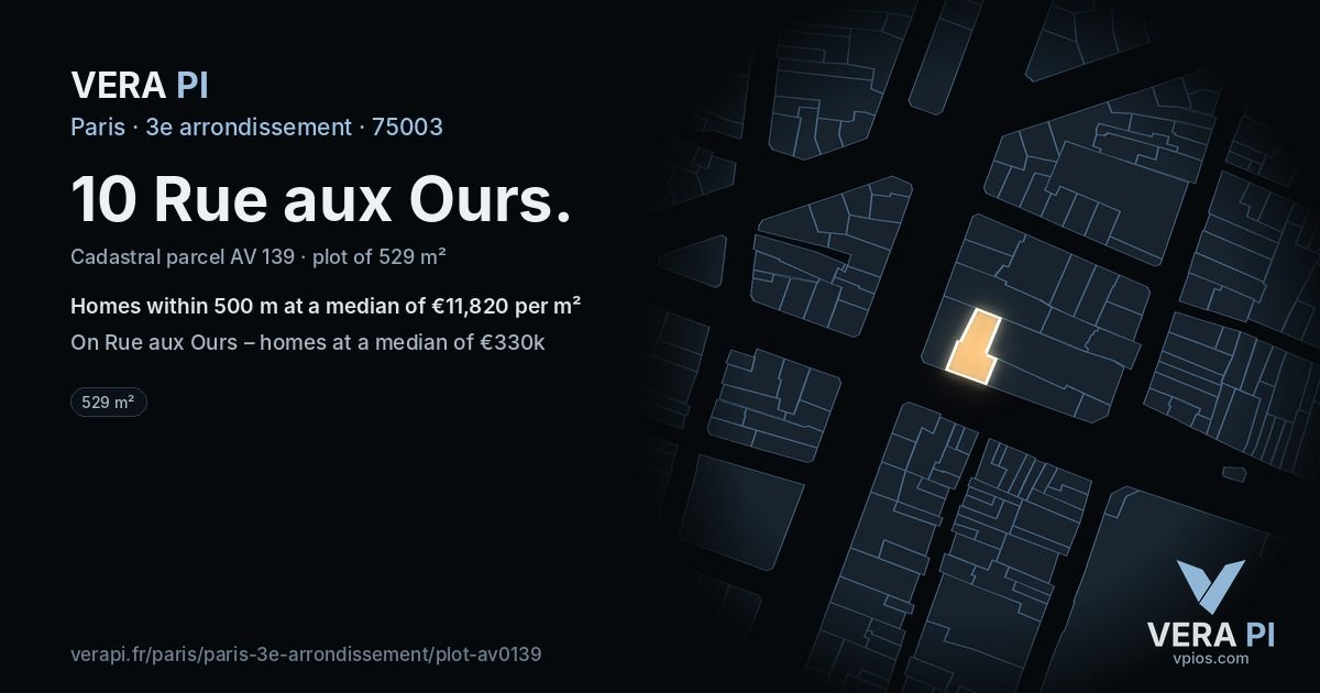 10 Rue aux Ours, 3e arrondissement at night – the plot lit, the parcels around coloured by the prices near them