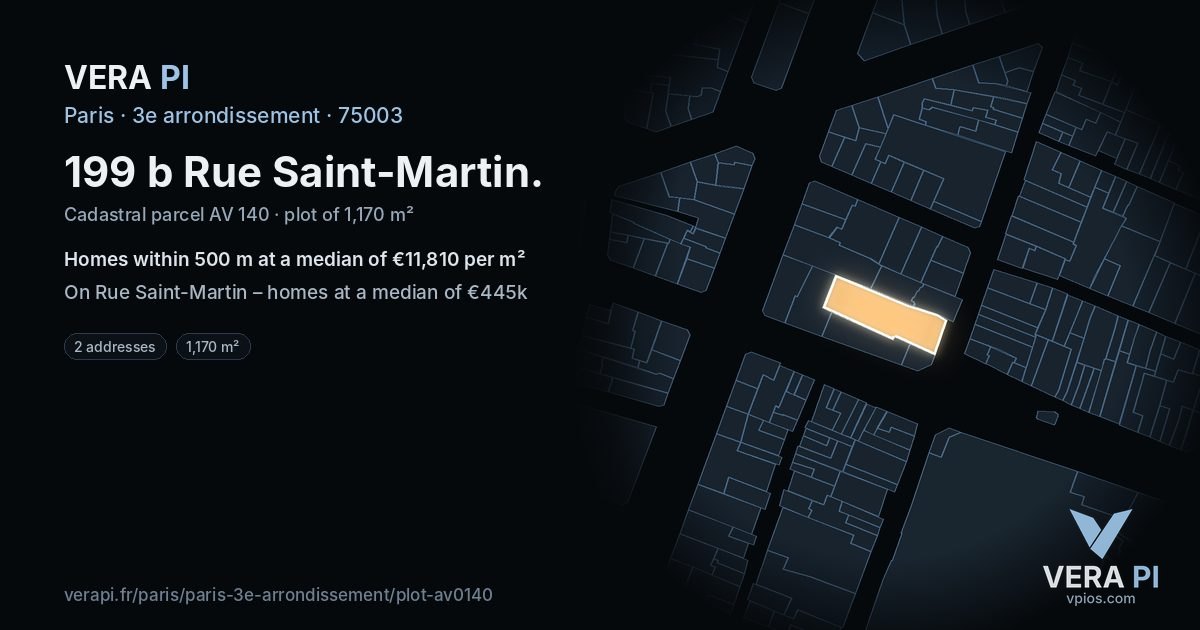 199 b Rue Saint-Martin, 3e arrondissement at night – the plot lit, the parcels around coloured by the prices near them