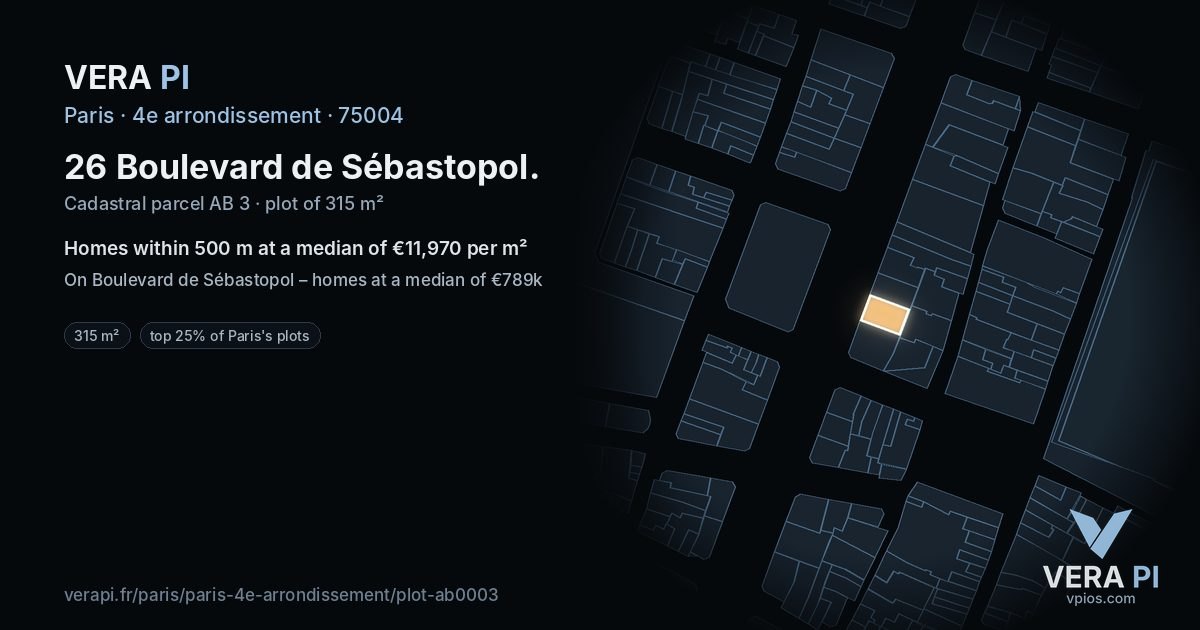 26 Boulevard de Sébastopol, 4e arrondissement at night – the plot lit, the parcels around coloured by the prices near them