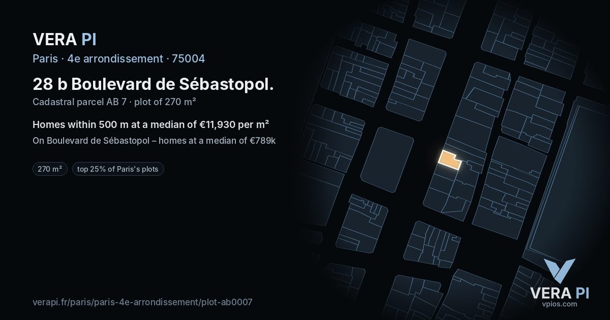 28 b Boulevard de Sébastopol, 4e arrondissement at night – the plot lit, the parcels around coloured by the prices near them