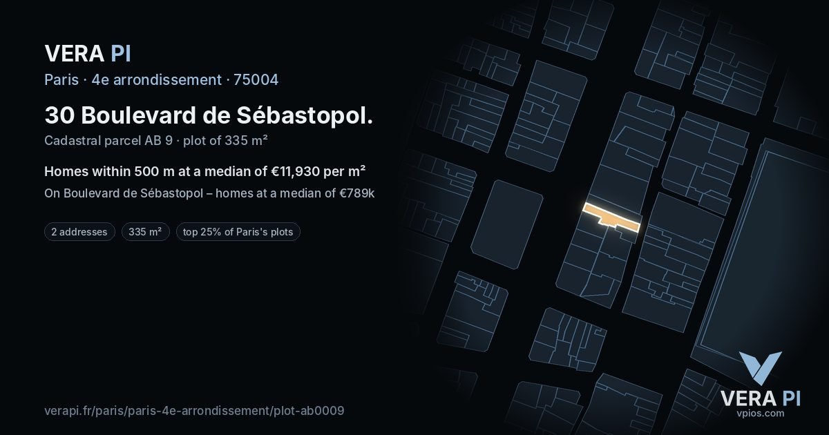 30 Boulevard de Sébastopol, 4e arrondissement at night – the plot lit, the parcels around coloured by the prices near them