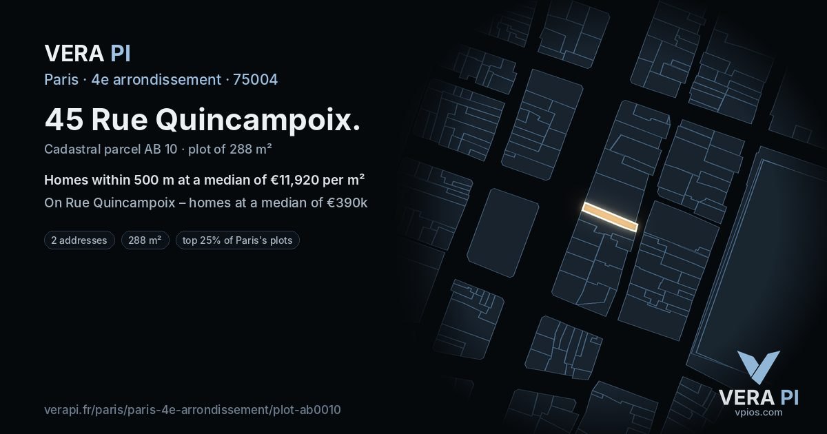 45 Rue Quincampoix, 4e arrondissement at night – the plot lit, the parcels around coloured by the prices near them