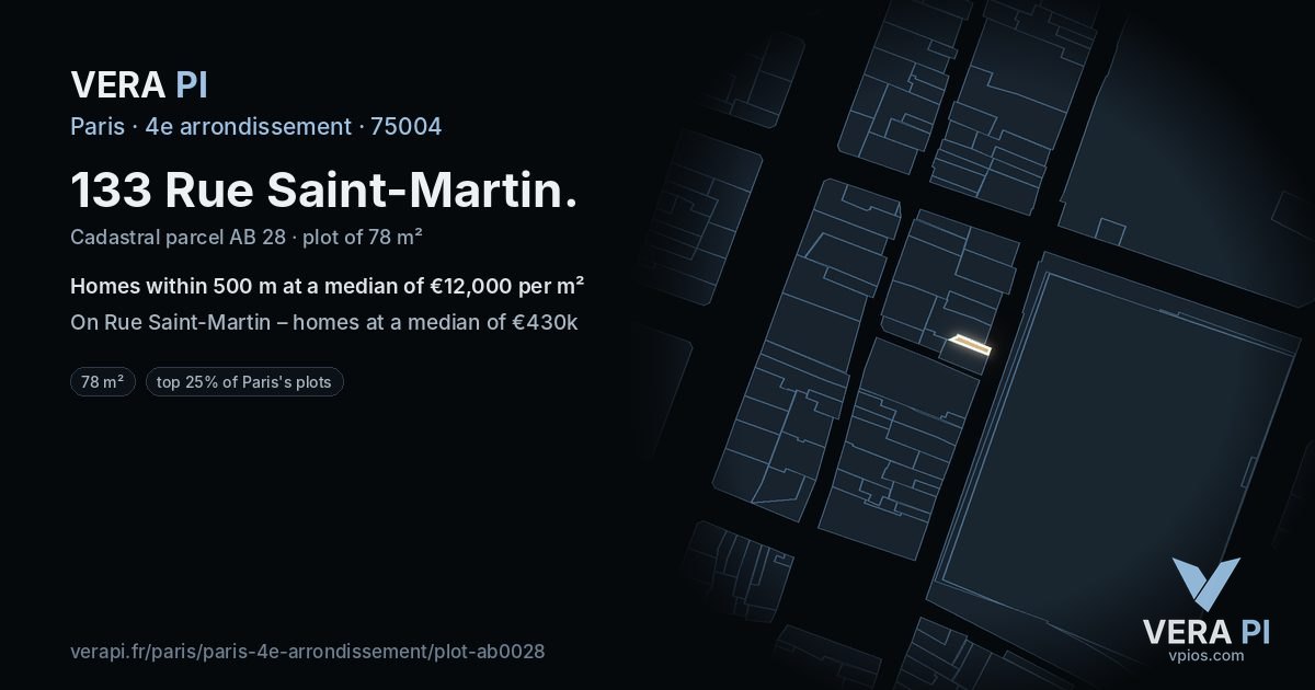 133 Rue Saint-Martin, 4e arrondissement at night – the plot lit, the parcels around coloured by the prices near them