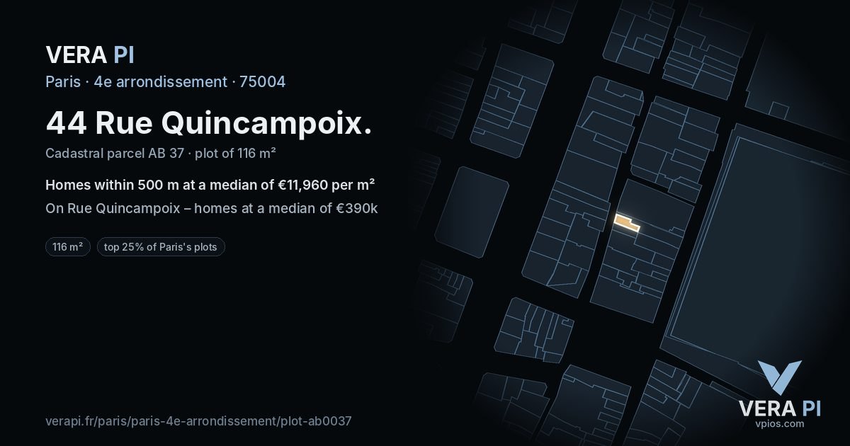 44 Rue Quincampoix, 4e arrondissement at night – the plot lit, the parcels around coloured by the prices near them
