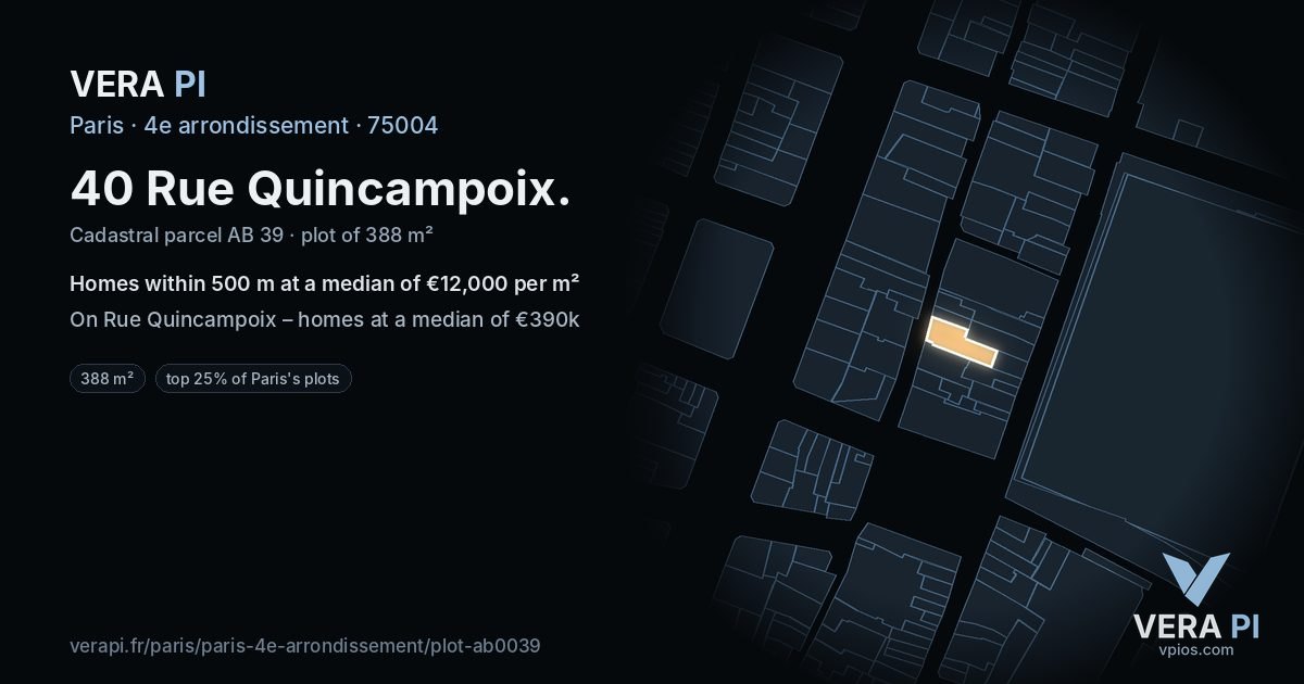 40 Rue Quincampoix, 4e arrondissement at night – the plot lit, the parcels around coloured by the prices near them