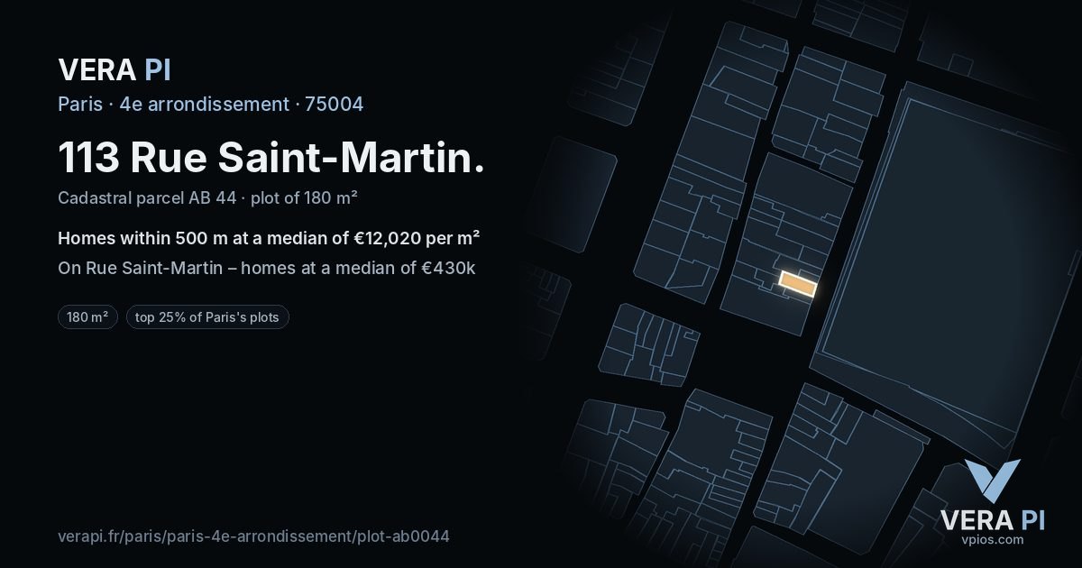 113 Rue Saint-Martin, 4e arrondissement at night – the plot lit, the parcels around coloured by the prices near them