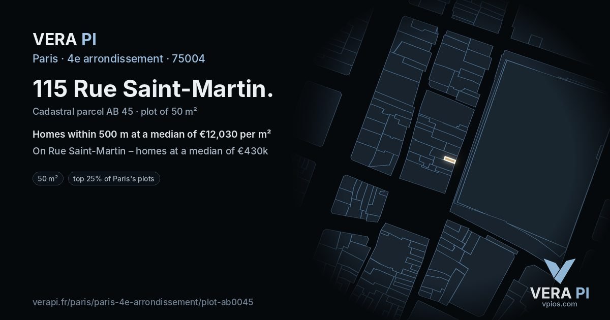 115 Rue Saint-Martin, 4e arrondissement at night – the plot lit, the parcels around coloured by the prices near them
