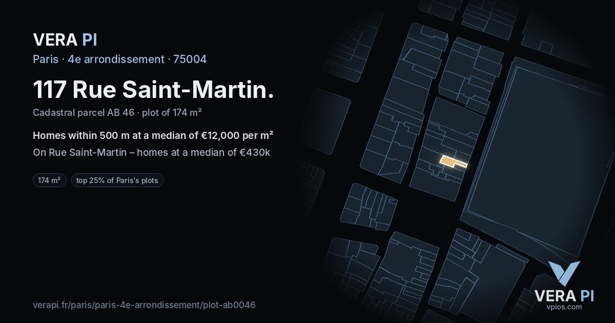 117 Rue Saint-Martin, 4e arrondissement at night – the plot lit, the parcels around coloured by the prices near them