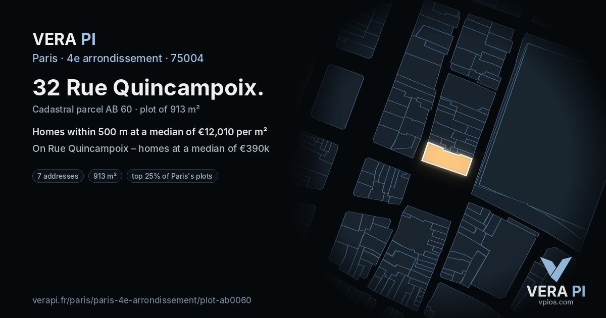 32 Rue Quincampoix, 4e arrondissement at night – the plot lit, the parcels around coloured by the prices near them