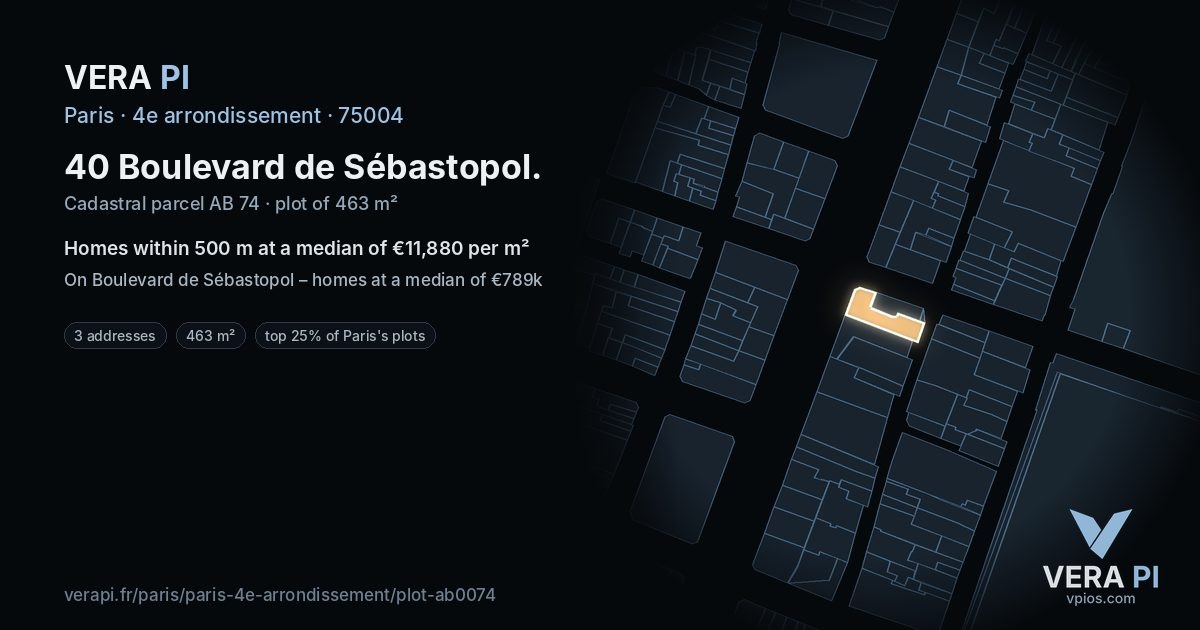 40 Boulevard de Sébastopol, 4e arrondissement at night – the plot lit, the parcels around coloured by the prices near them