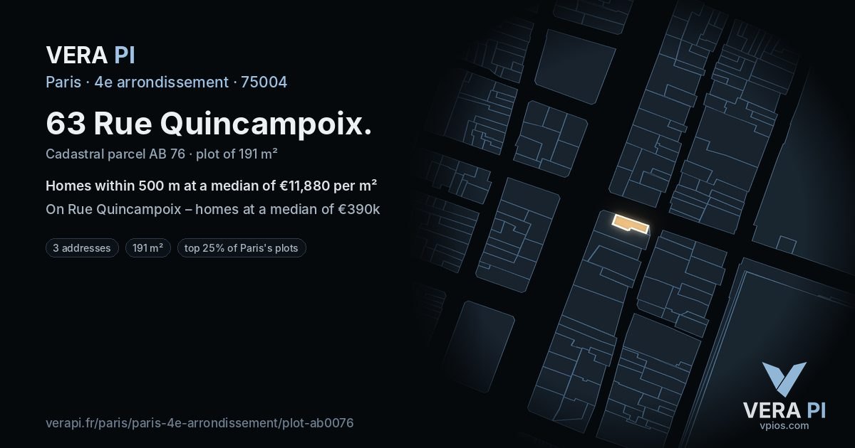 63 Rue Quincampoix, 4e arrondissement at night – the plot lit, the parcels around coloured by the prices near them