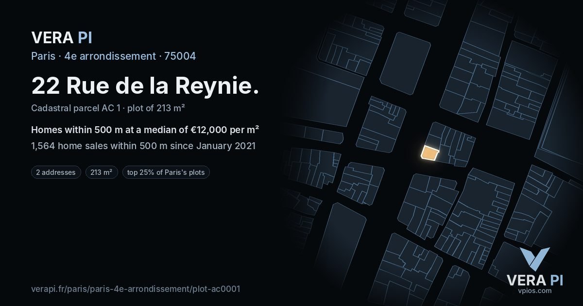 22 Rue de la Reynie, 4e arrondissement at night – the plot lit, the parcels around coloured by the prices near them