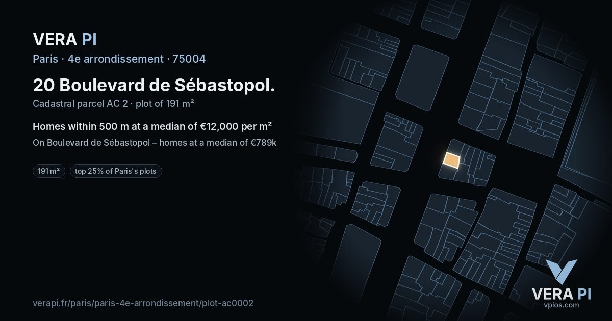 20 Boulevard de Sébastopol, 4e arrondissement at night – the plot lit, the parcels around coloured by the prices near them