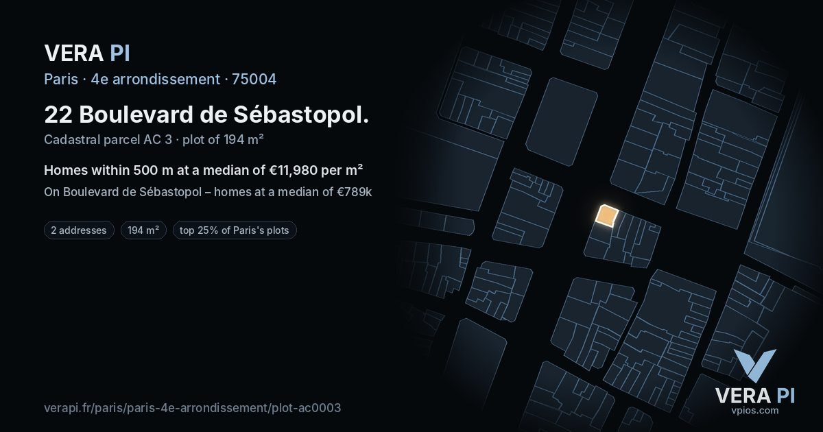 22 Boulevard de Sébastopol, 4e arrondissement at night – the plot lit, the parcels around coloured by the prices near them