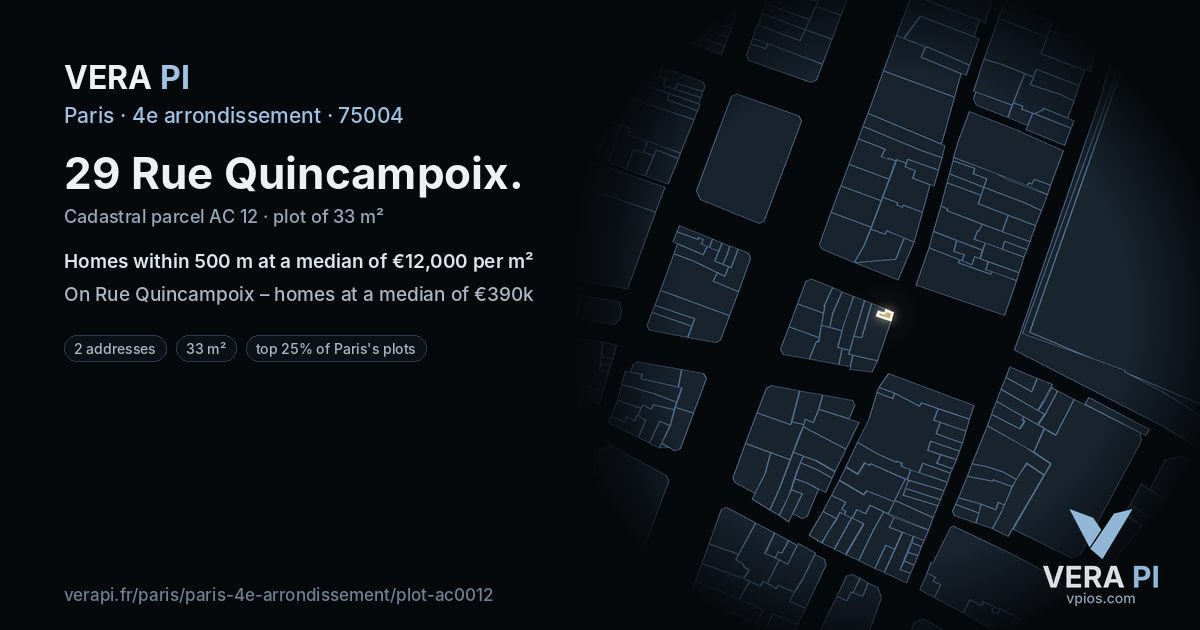 29 Rue Quincampoix, 4e arrondissement at night – the plot lit, the parcels around coloured by the prices near them