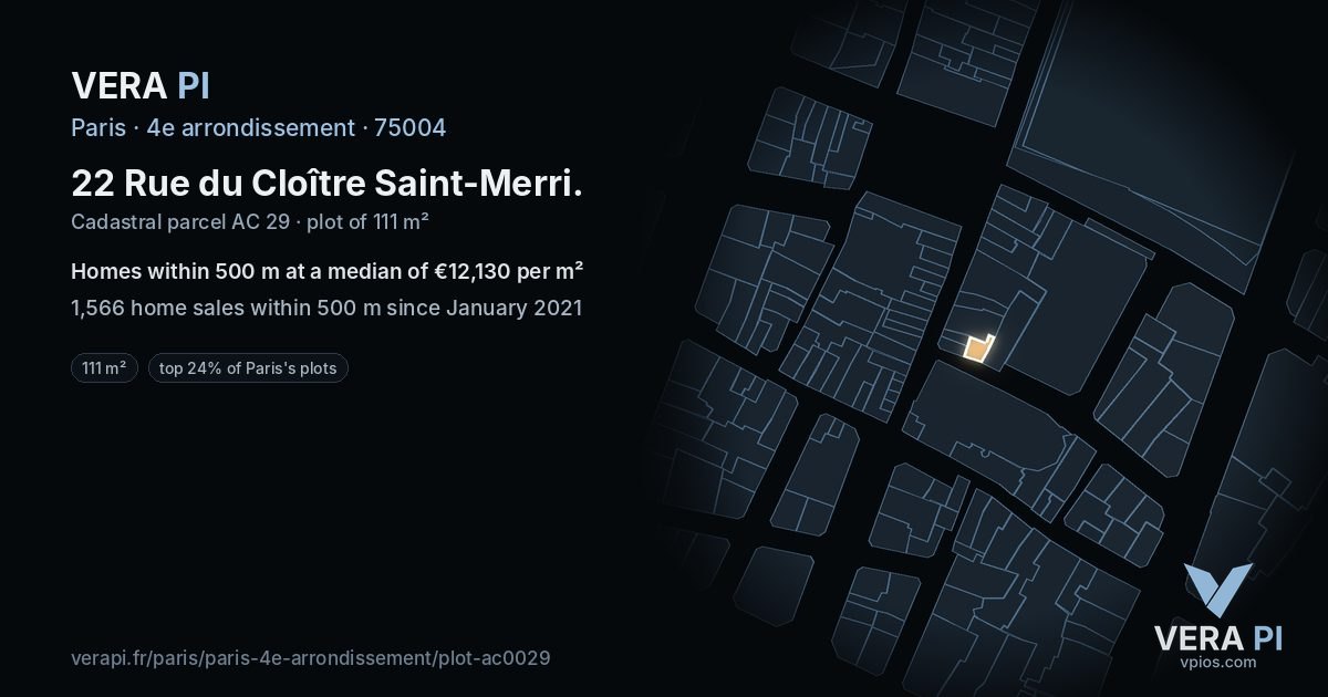 22 Rue du Cloître Saint-Merri, 4e arrondissement at night – the plot lit, the parcels around coloured by the prices near them