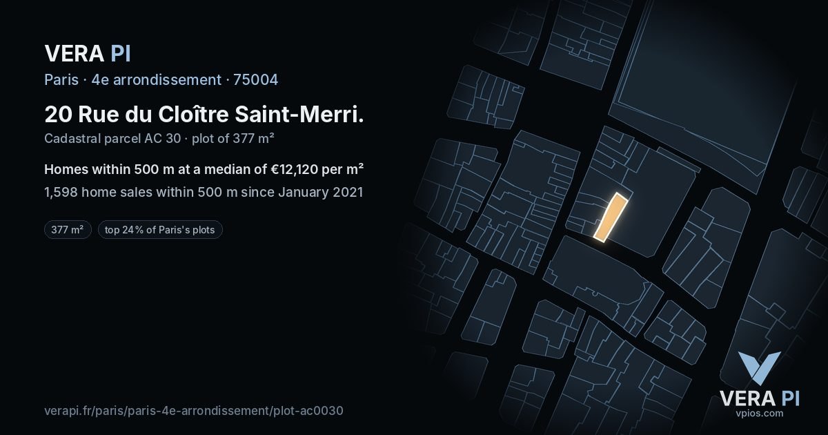 20 Rue du Cloître Saint-Merri, 4e arrondissement at night – the plot lit, the parcels around coloured by the prices near them