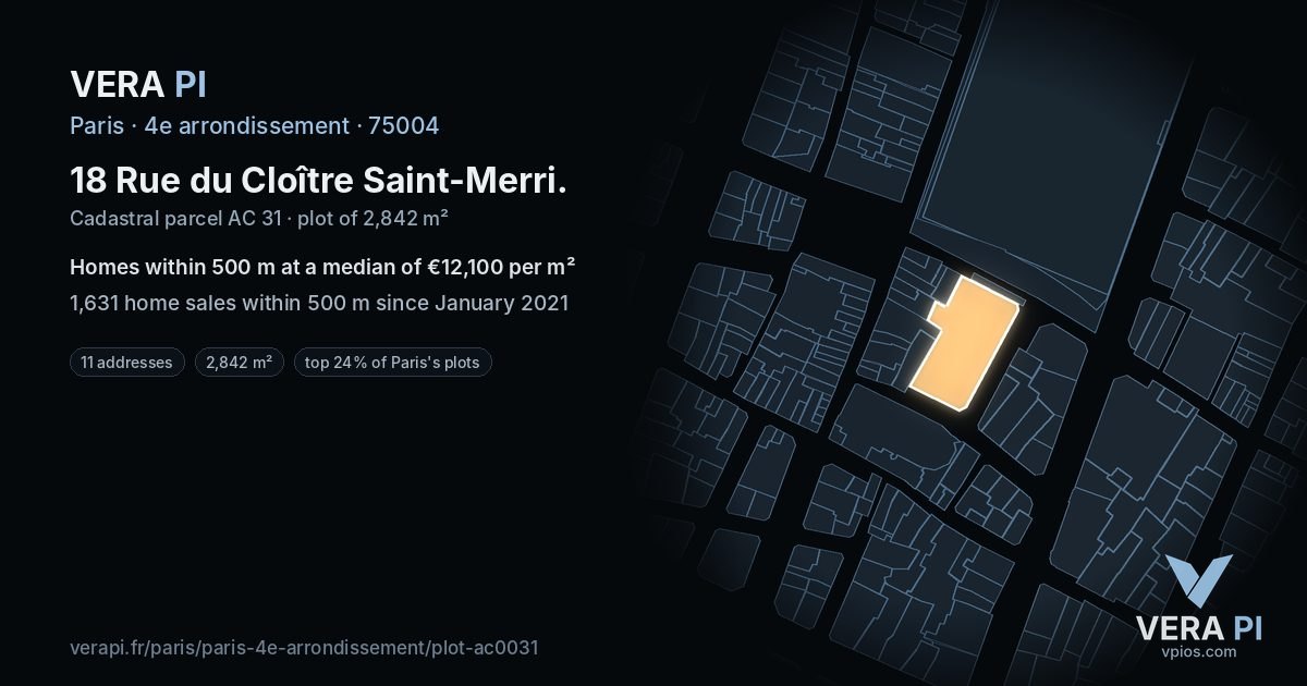 18 Rue du Cloître Saint-Merri, 4e arrondissement at night – the plot lit, the parcels around coloured by the prices near them