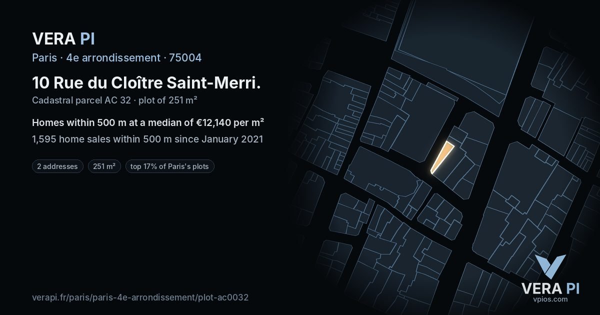 10 Rue du Cloître Saint-Merri, 4e arrondissement at night – the plot lit, the parcels around coloured by the prices near them