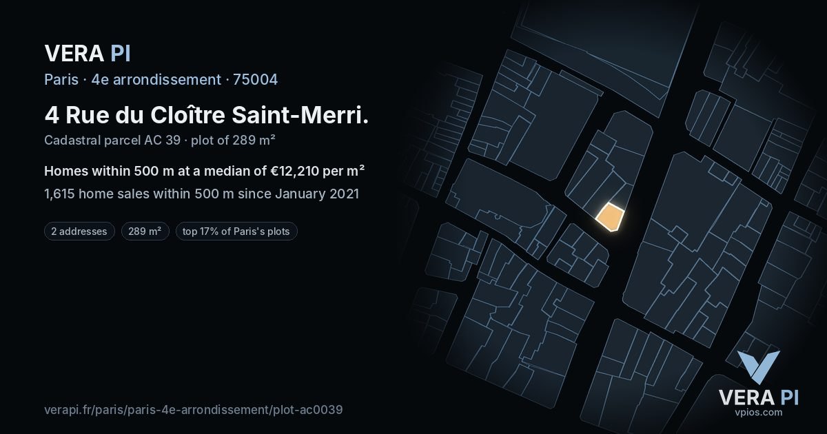 4 Rue du Cloître Saint-Merri, 4e arrondissement at night – the plot lit, the parcels around coloured by the prices near them