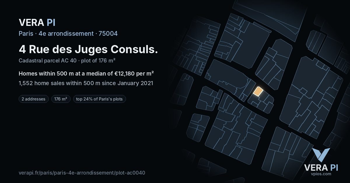 4 Rue des Juges Consuls, 4e arrondissement at night – the plot lit, the parcels around coloured by the prices near them