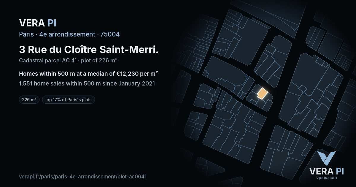 3 Rue du Cloître Saint-Merri, 4e arrondissement at night – the plot lit, the parcels around coloured by the prices near them