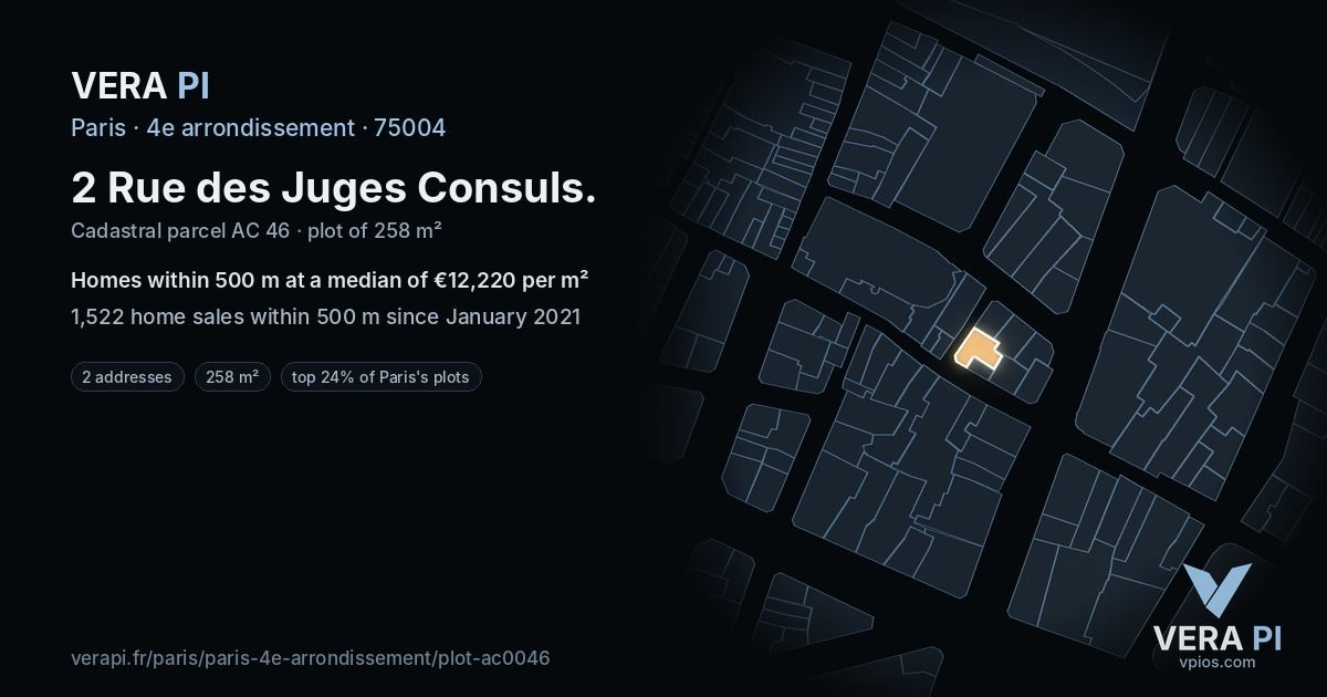2 Rue des Juges Consuls, 4e arrondissement at night – the plot lit, the parcels around coloured by the prices near them