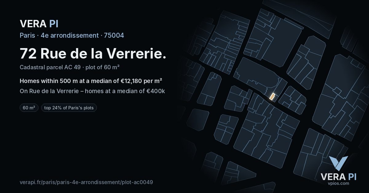 72 Rue de la Verrerie, 4e arrondissement at night – the plot lit, the parcels around coloured by the prices near them