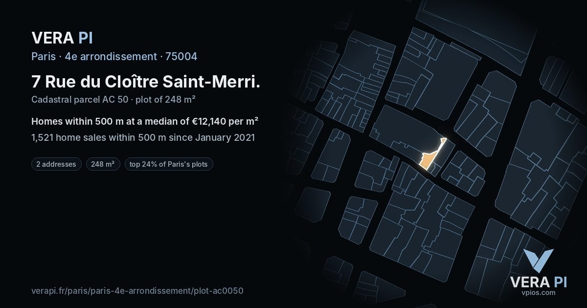 7 Rue du Cloître Saint-Merri, 4e arrondissement at night – the plot lit, the parcels around coloured by the prices near them