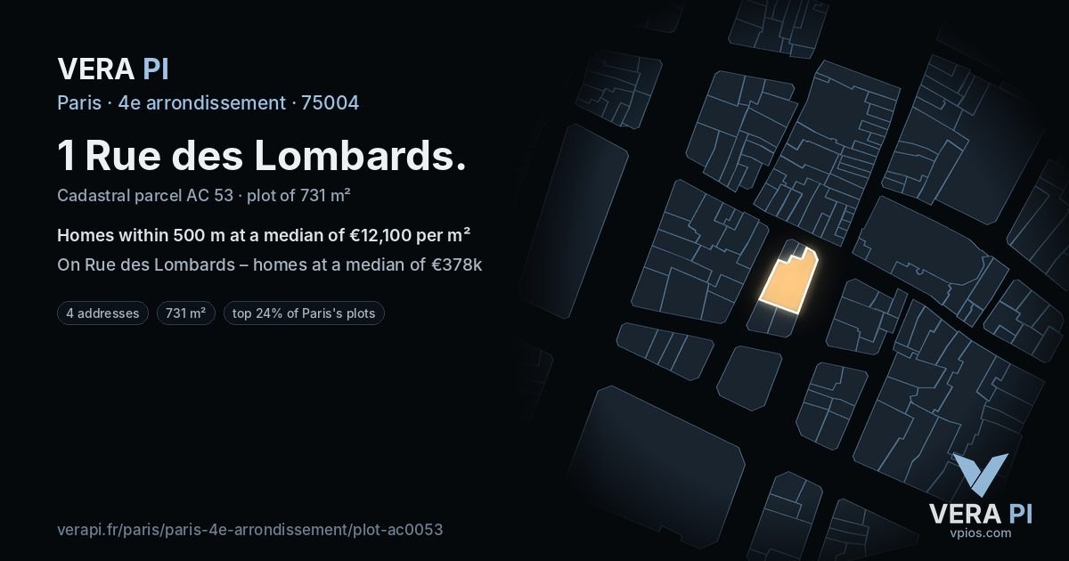 1 Rue des Lombards, 4e arrondissement at night – the plot lit, the parcels around coloured by the prices near them