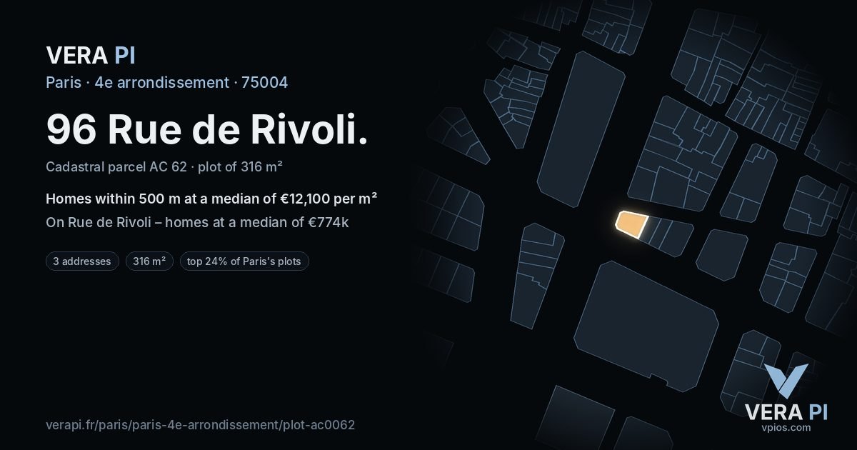 96 Rue de Rivoli, 4e arrondissement at night – the plot lit, the parcels around coloured by the prices near them