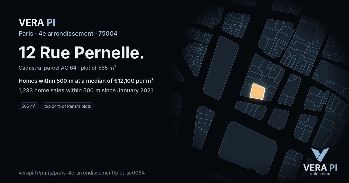 12 Rue Pernelle, 4e arrondissement at night – the plot lit, the parcels around coloured by the prices near them