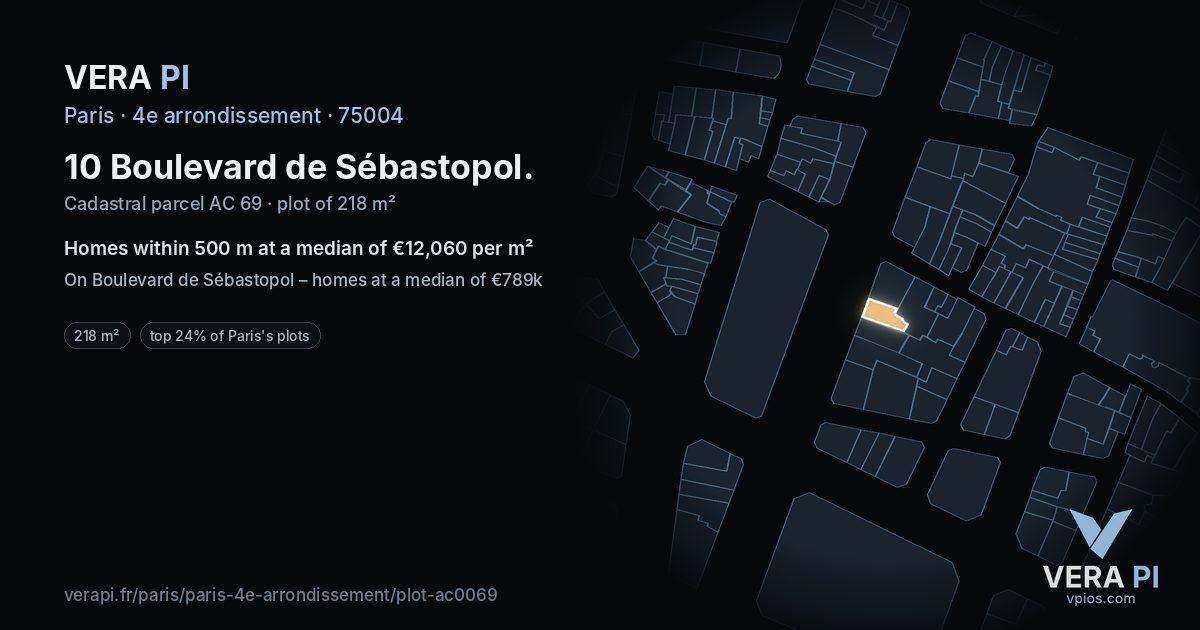 10 Boulevard de Sébastopol, 4e arrondissement at night – the plot lit, the parcels around coloured by the prices near them
