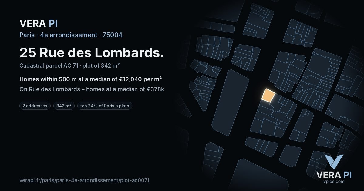 25 Rue des Lombards, 4e arrondissement at night – the plot lit, the parcels around coloured by the prices near them