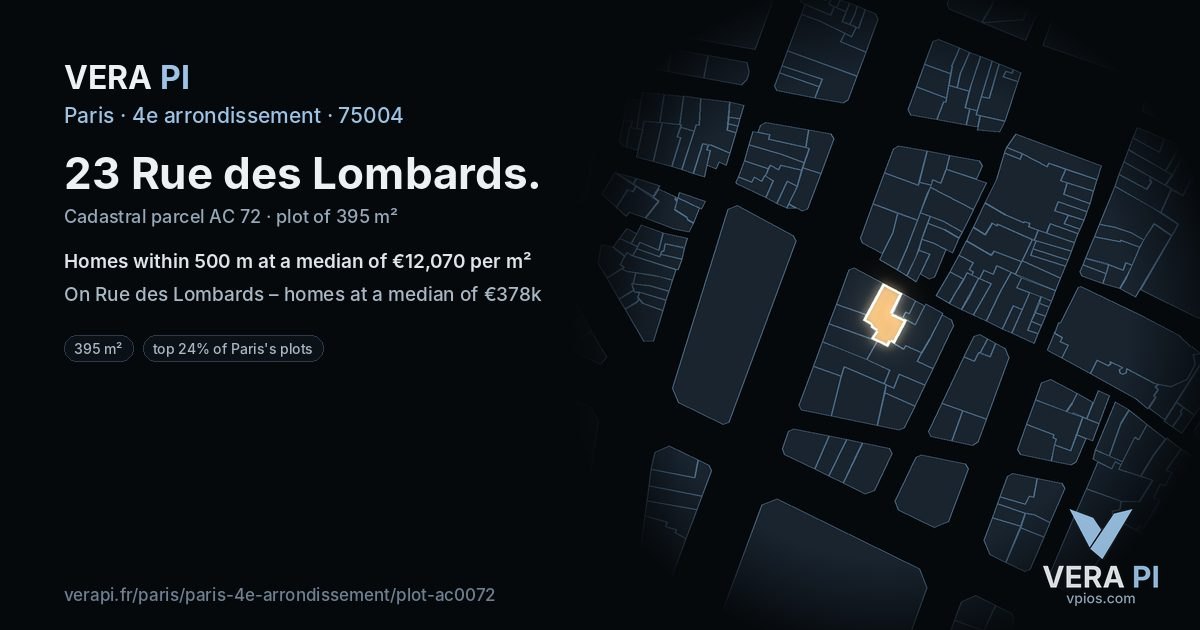 23 Rue des Lombards, 4e arrondissement at night – the plot lit, the parcels around coloured by the prices near them