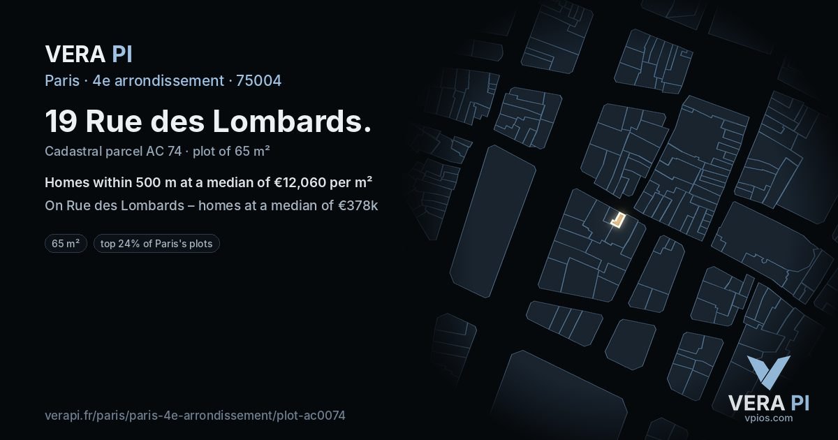 19 Rue des Lombards, 4e arrondissement at night – the plot lit, the parcels around coloured by the prices near them