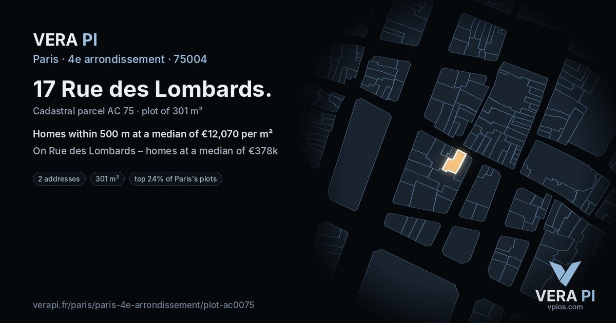 17 Rue des Lombards, 4e arrondissement at night – the plot lit, the parcels around coloured by the prices near them