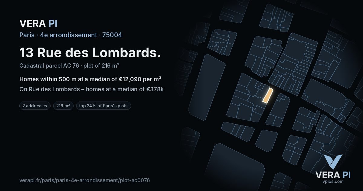 13 Rue des Lombards, 4e arrondissement at night – the plot lit, the parcels around coloured by the prices near them