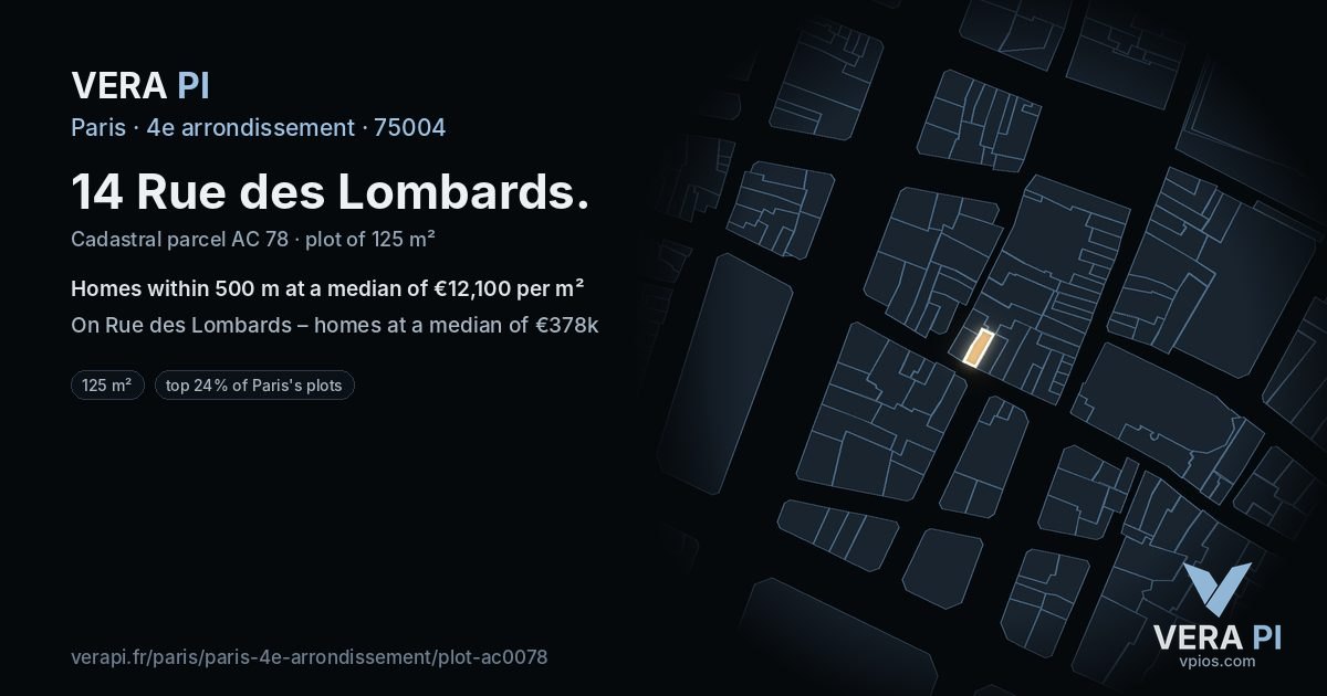 14 Rue des Lombards, 4e arrondissement at night – the plot lit, the parcels around coloured by the prices near them