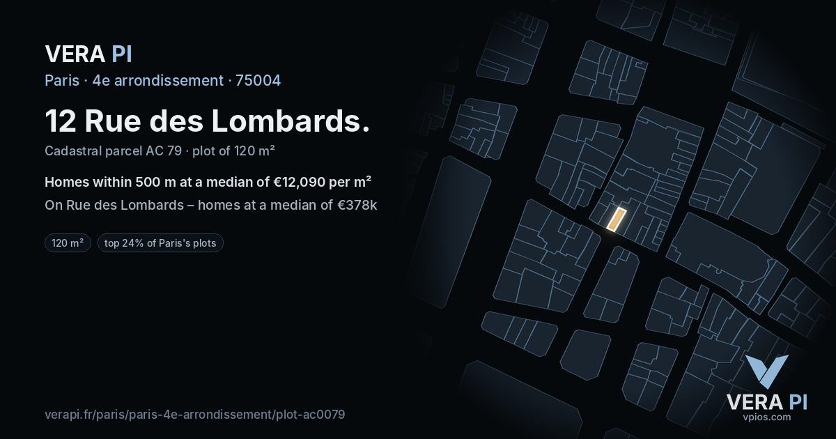 12 Rue des Lombards, 4e arrondissement at night – the plot lit, the parcels around coloured by the prices near them