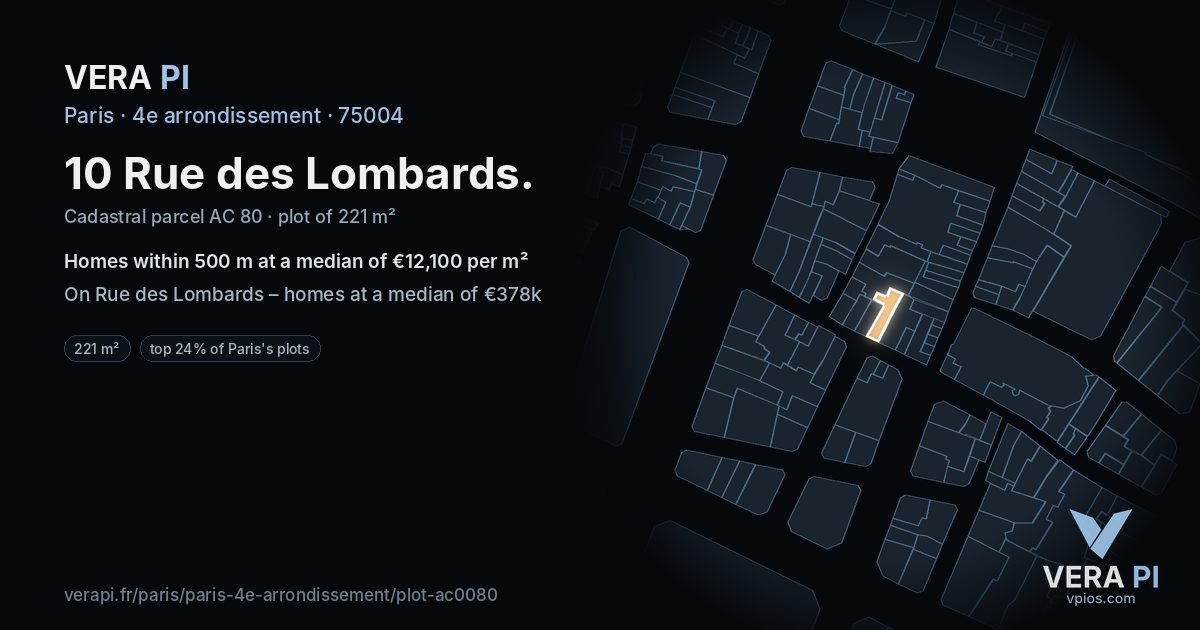 10 Rue des Lombards, 4e arrondissement at night – the plot lit, the parcels around coloured by the prices near them