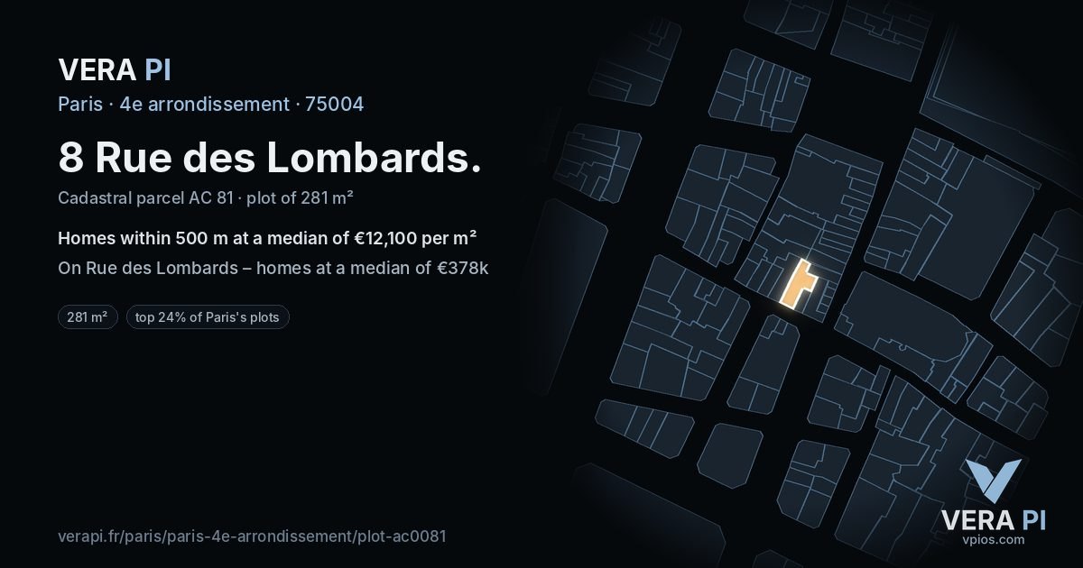 8 Rue des Lombards, 4e arrondissement at night – the plot lit, the parcels around coloured by the prices near them