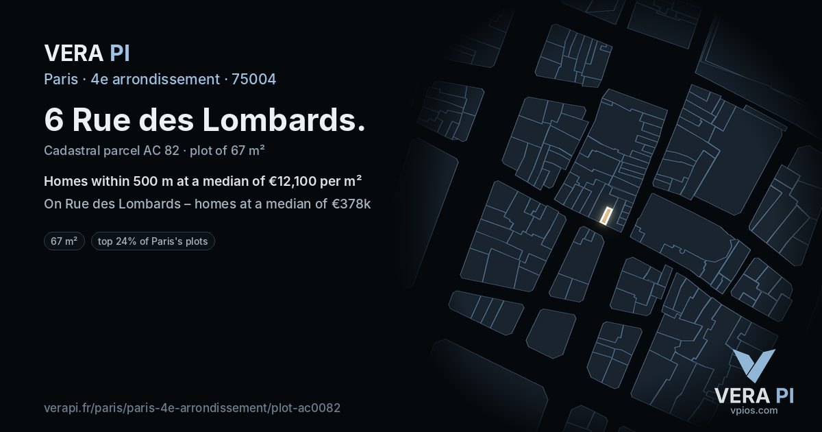 6 Rue des Lombards, 4e arrondissement at night – the plot lit, the parcels around coloured by the prices near them