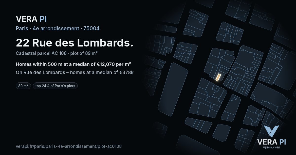 22 Rue des Lombards, 4e arrondissement at night – the plot lit, the parcels around coloured by the prices near them