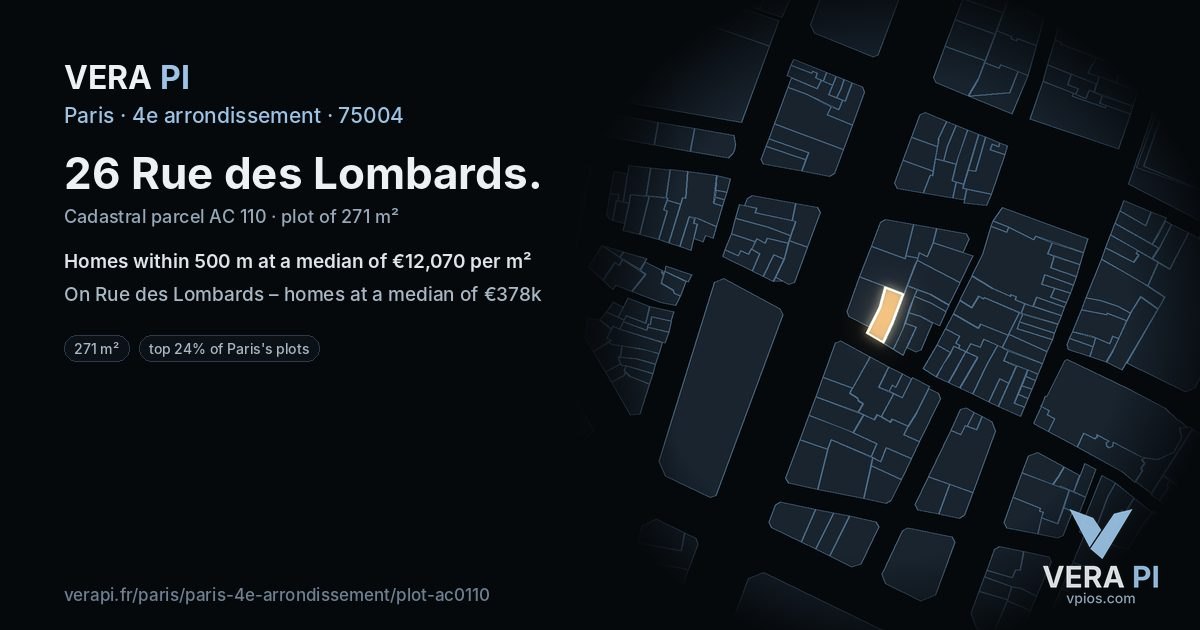 26 Rue des Lombards, 4e arrondissement at night – the plot lit, the parcels around coloured by the prices near them