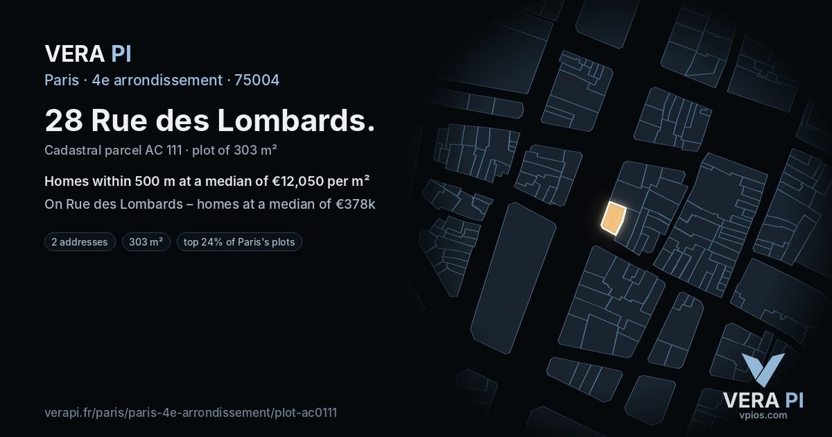 28 Rue des Lombards, 4e arrondissement at night – the plot lit, the parcels around coloured by the prices near them