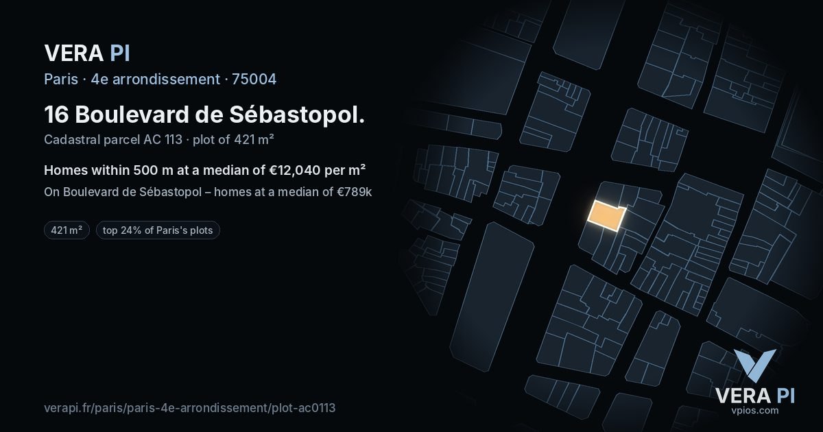 16 Boulevard de Sébastopol, 4e arrondissement at night – the plot lit, the parcels around coloured by the prices near them